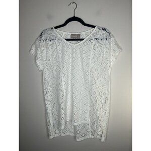 Chico’s Womens Large White Crochet Lace Sheer Short Sleeve Blouse Size 1